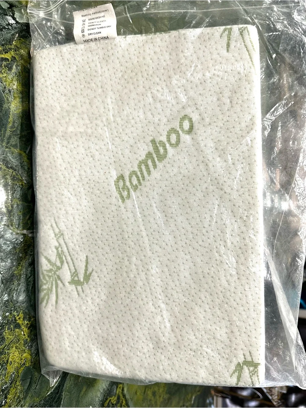 BAMBOO White Memory Foam Contour Pillow with Light Green Bamboo Print